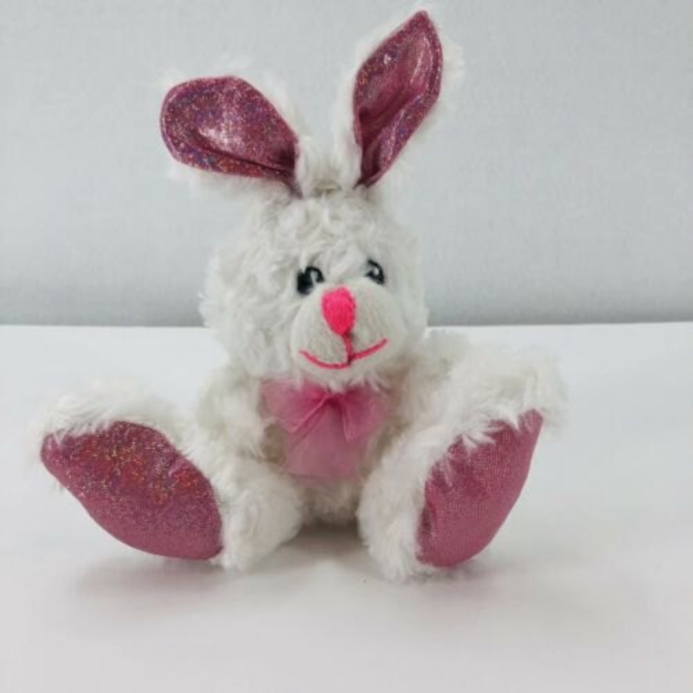 Greenbrier White Plush Bunny Rabbit Pink Sparkle Ears Paws Stuffed Animal Toy 8"